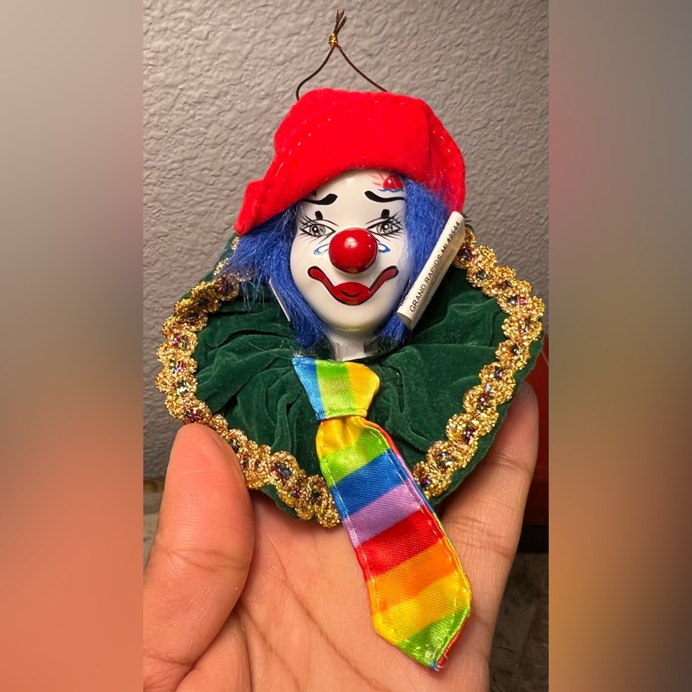 Circus Christmas Tree Ornament Crying Clown Head With Hat & Tie Porcelain VTG